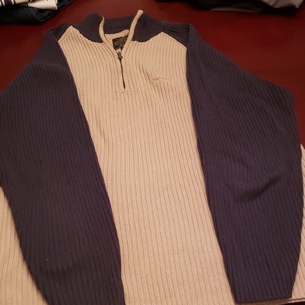Nautica Navy and Beige Ribbed Zip-Up Sweater